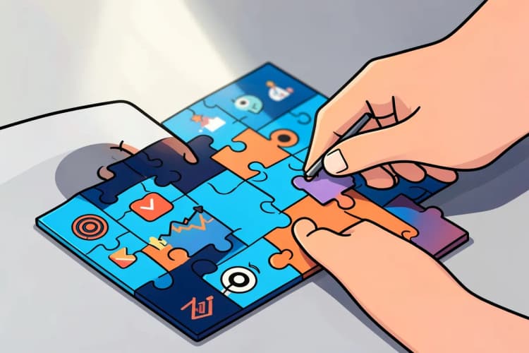 Uma pessoa monta um quebra-cabeça complexo com peças coloridas, representando a estratégia de marketing digital. A cena é um plano detalhe, com luz natural vinda de cima, focando nas mãos e nas peças do quebra-cabeça.