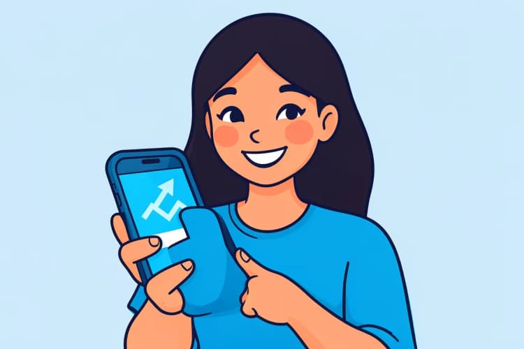 Uma mulher sorri enquanto segura um celular que exibe um ícone de gráfico subindo, simbolizando o sucesso de campanhas de marketing. A imagem é um plano médio, com luz suave vinda da frente, capturando o momento de satisfação.