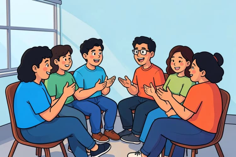 Um grupo de pessoas diversas sentadas em círculo, conversando e gesticulando, representando a segmentação de público-alvo. A cena é um plano geral, com luz natural vinda de uma janela lateral, capturando a interação social.