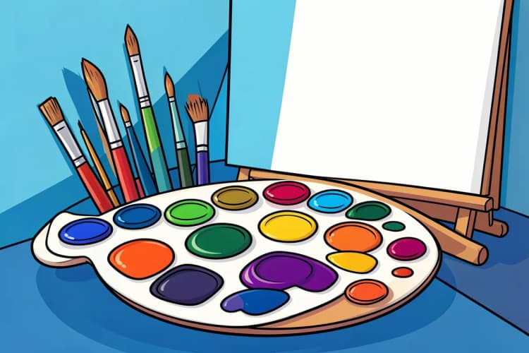 Uma paleta de pintor com pincéis e tintas coloridas vibrantes, com uma tela em branco ao fundo, simbolizando a criação de anúncios atraentes. A imagem é um close-up, com luz vinda da esquerda, destacando as cores e texturas.