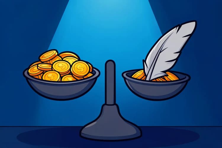 Uma balança de dois pratos, com moedas de ouro em um prato e uma pena no outro, representando o custo do tráfego pago. A cena é um close-up, com luz dramática vinda de cima, enfatizando o equilíbrio.