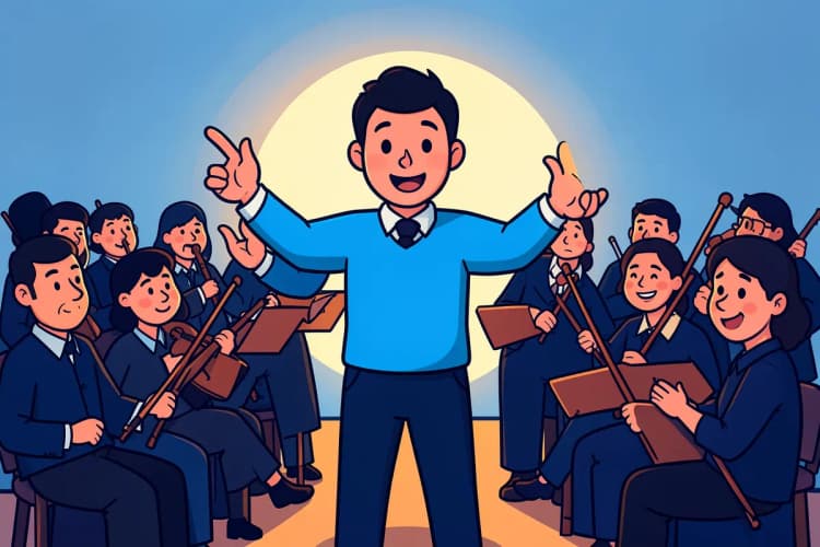 Um maestro regendo uma orquestra com gestos precisos, simbolizando o acompanhamento e otimização de campanhas. A imagem é um plano médio, com luz vinda de trás, criando uma silhueta do maestro.