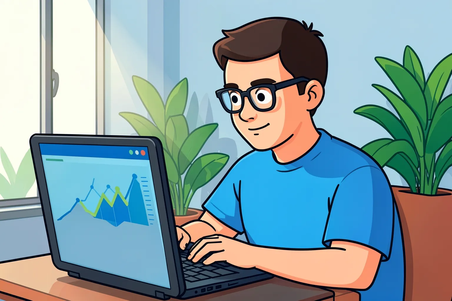 Um homem de óculos, com camiseta azul, olha atentamente para a tela de um notebook, com gráficos e números em tons de azul e verde. A luz suave vem da janela à sua esquerda, iluminando seu rosto em um plano médio. Ele está em um escritório moderno, com plantas ao fundo.