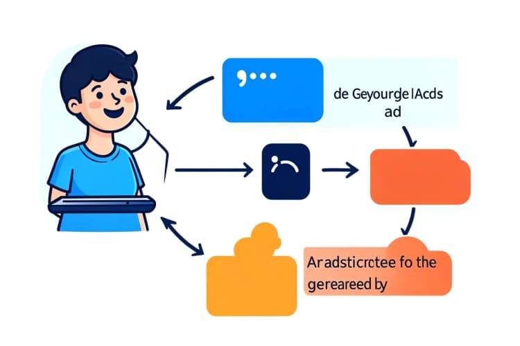 Um diagrama simplificado mostrando como o Google Ads funciona, com um usuário pesquisando, o Google exibindo anúncios e o anunciante pagando por cliques, em fundo branco.