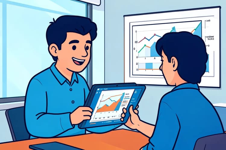 Um consultor de tráfego pago conversando com um cliente em um escritório, mostrando resultados em um tablet, com gráficos de crescimento ao fundo.