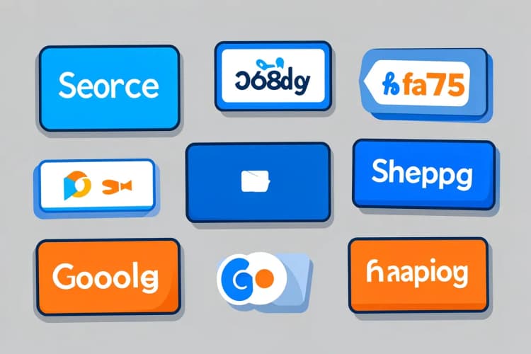 Uma colagem de diferentes tipos de anúncios do Google: pesquisa, display, vídeo e shopping, com ícones representativos em fundo cinza.