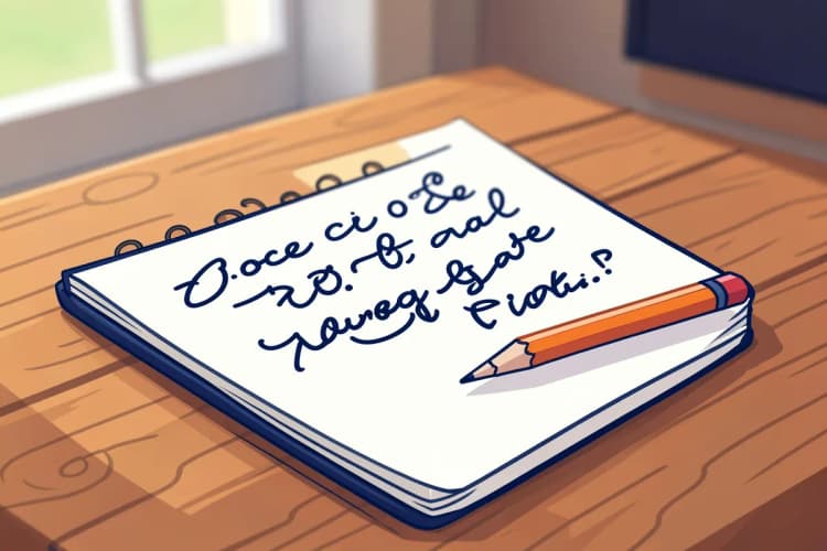 Um bloco de notas aberto com ideias escritas à mão e um lápis ao lado, representando a criação de anúncios atraentes, em uma mesa de madeira.