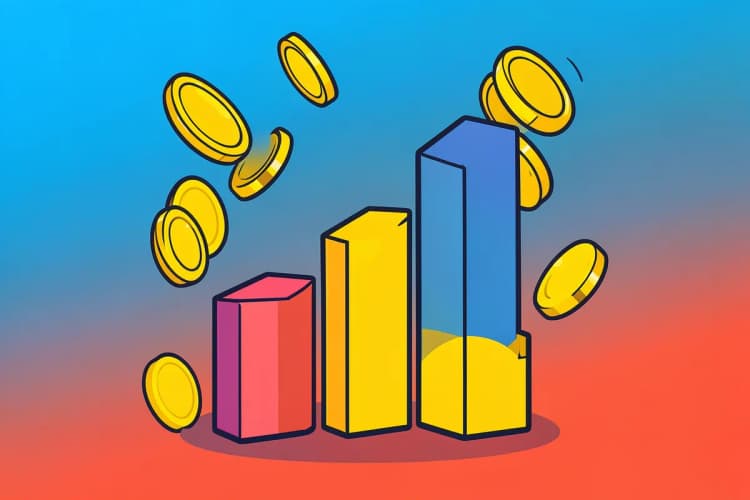 Gráfico de barras ascendente com moedas de ouro caindo ao redor, simbolizando o custo de tráfego pago, em fundo gradiente.