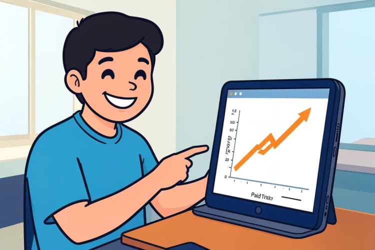 Uma pessoa sorrindo e apontando para um gráfico de crescimento em uma tela de tablet, representando o sucesso para iniciantes em tráfego pago, em um ambiente de escritório.