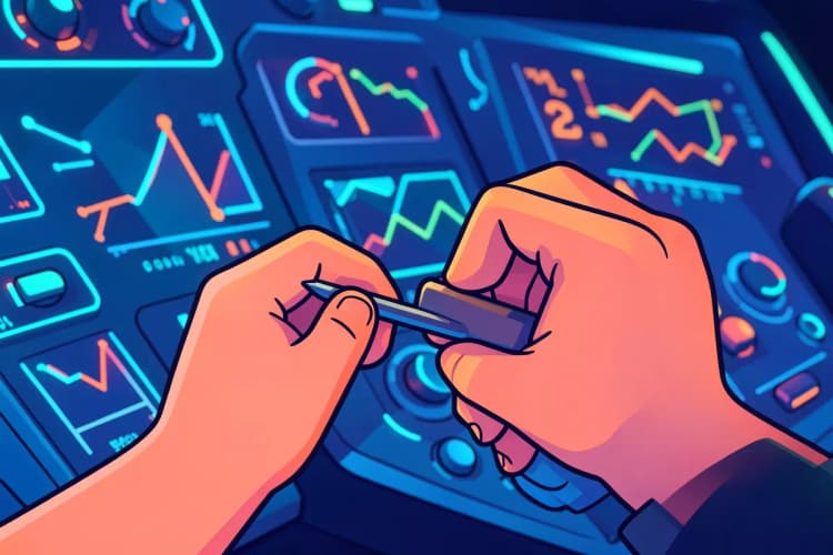 Um painel de controle com vários gráficos e métricas sendo ajustados por uma mão com uma chave de fenda, simbolizando a otimização de campanhas, em um ambiente tecnológico.