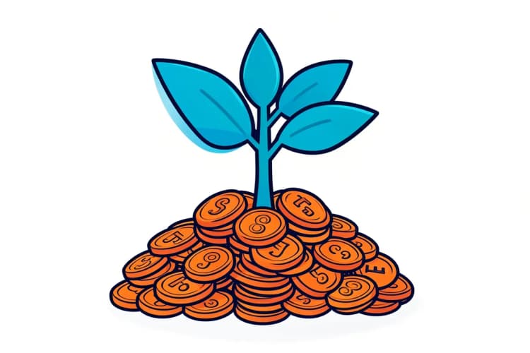Uma planta crescendo a partir de moedas, simbolizando tráfego gratuito, em um fundo branco com luz suave.