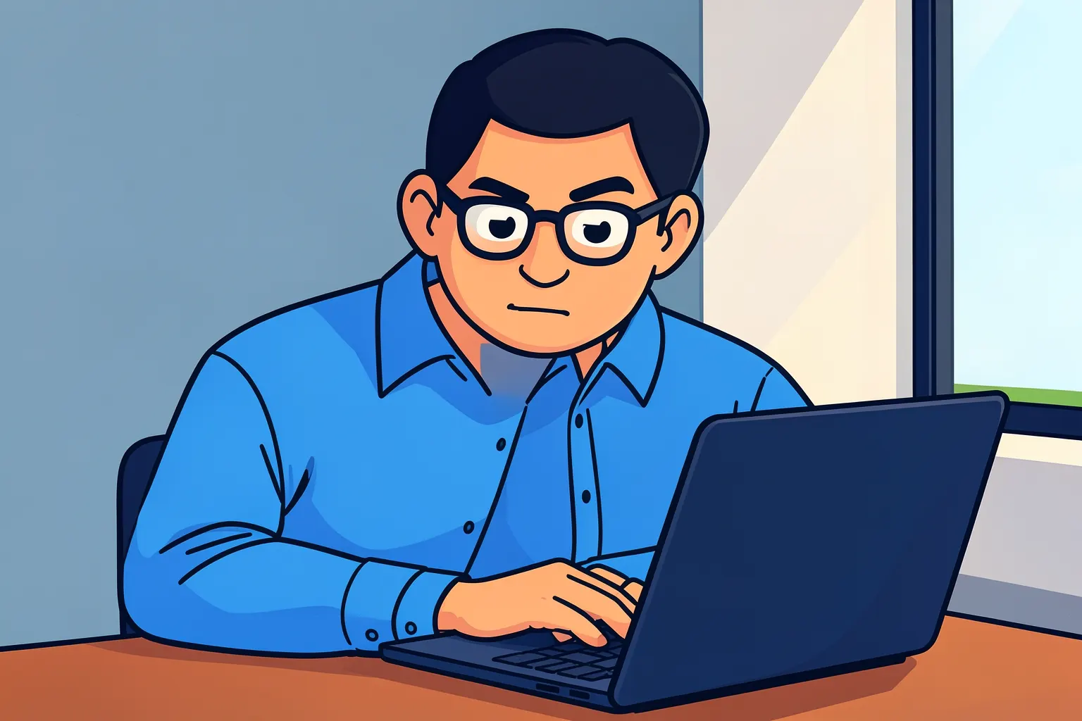 Um homem de óculos e camisa social azul olhando atentamente para a tela de um notebook, com gráficos e números sobrepostos em tons de azul e verde, em um escritório moderno.