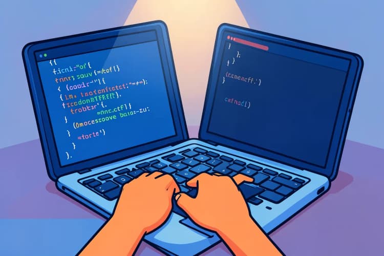 Homem trabalhando em um laptop com código na tela.