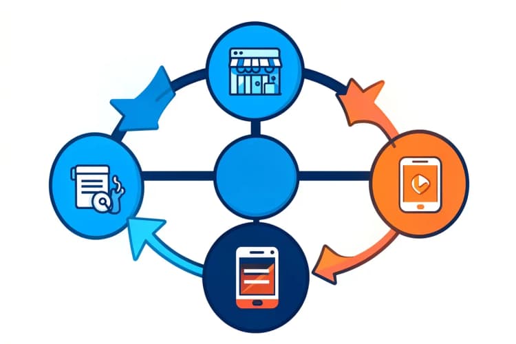 Um diagrama de fluxo mostrando a jornada do cliente em diferentes canais, com ícones representando lojas físicas, online e mobile.