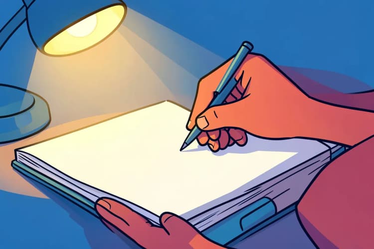 Uma pessoa anônima anota métricas em um caderno com uma caneta.