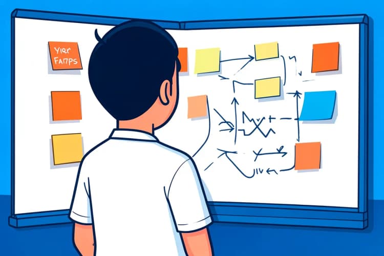 Uma pessoa olha pensativamente para um quadro branco com post-its e diagramas.