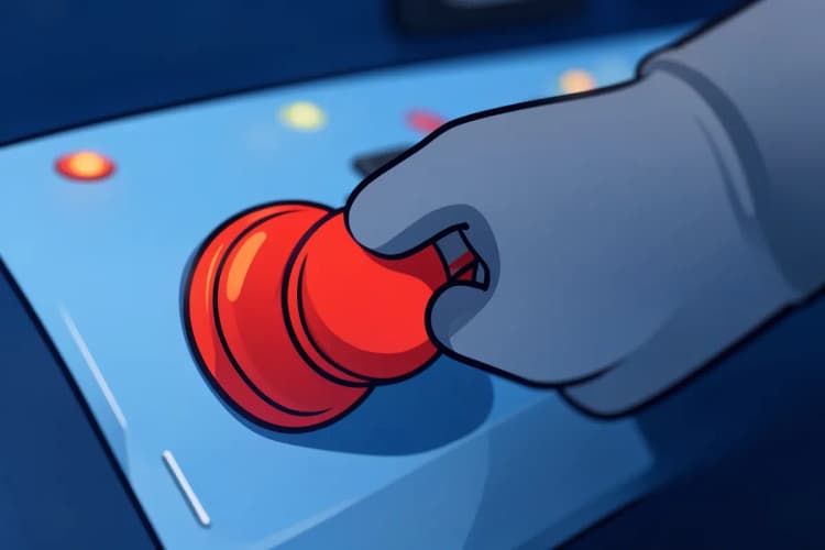 Uma mão ajusta um botão em um painel de controle com luzes indicadoras.
