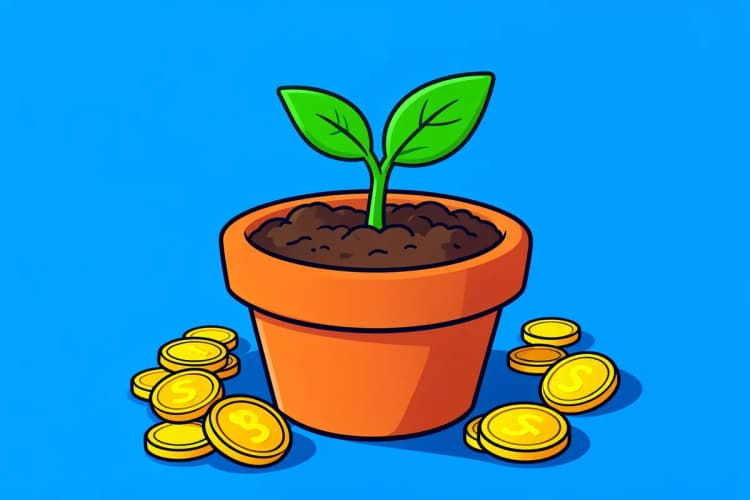 Uma planta crescendo em um vaso, com moedas ao redor da base.