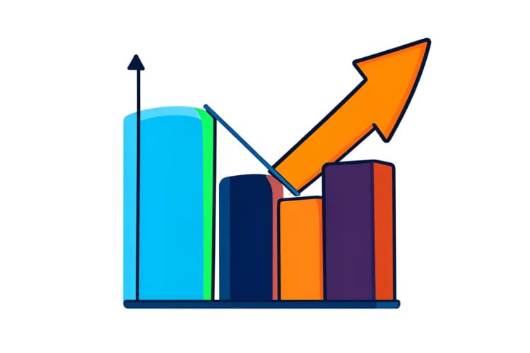Gráfico de barras verdes e azuis subindo em um fundo branco, representando crescimento e sucesso financeiro.