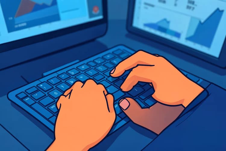 Uma pessoa anônima em primeiro plano, com as mãos sobre um teclado de computador, com uma tela desfocada ao fundo mostrando gráficos e números.