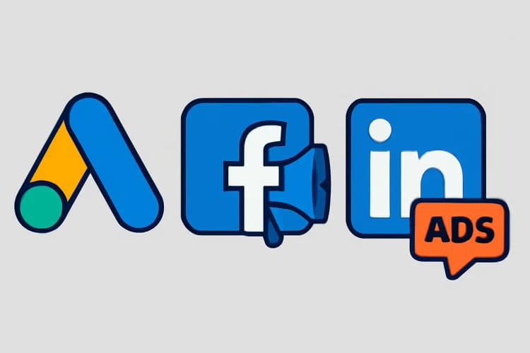Logotipos das principais plataformas de publicidade digital: Google Ads, Facebook Ads e LinkedIn Ads, dispostos lado a lado.
