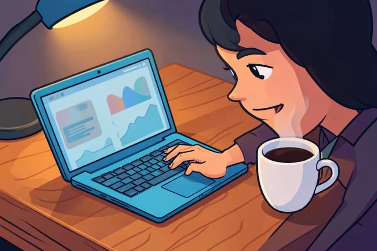 Um profissional de marketing analisa dados em um notebook em uma mesa de madeira, com uma xícara de café ao lado.