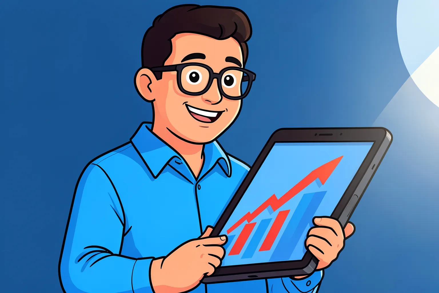 Um homem de óculos e camisa social azul, sorrindo, aponta para um gráfico de barras ascendente em um tablet que ele segura com as duas mãos, em um escritório moderno com luz natural.