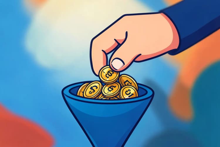 Close-up de uma mão segurando moedas de dólar caindo em um funil estilizado.
