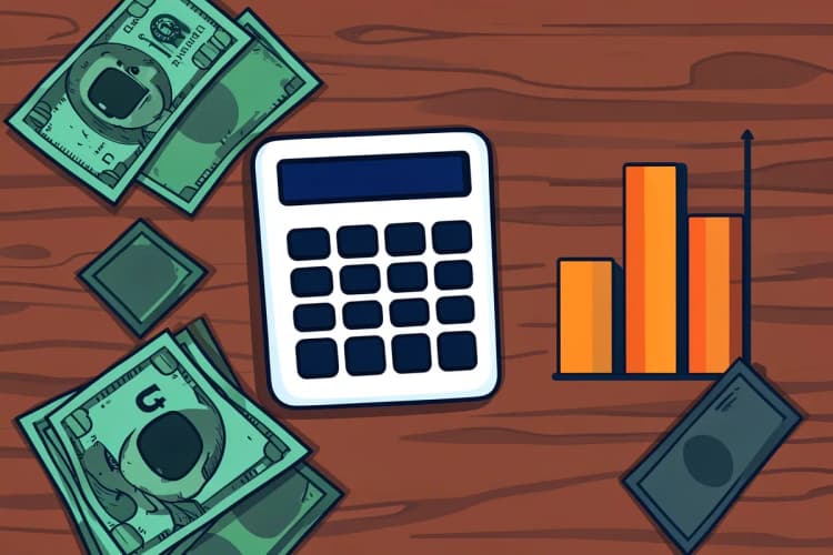 Calculadora ao lado de notas de dólar e um gráfico simples em uma mesa.