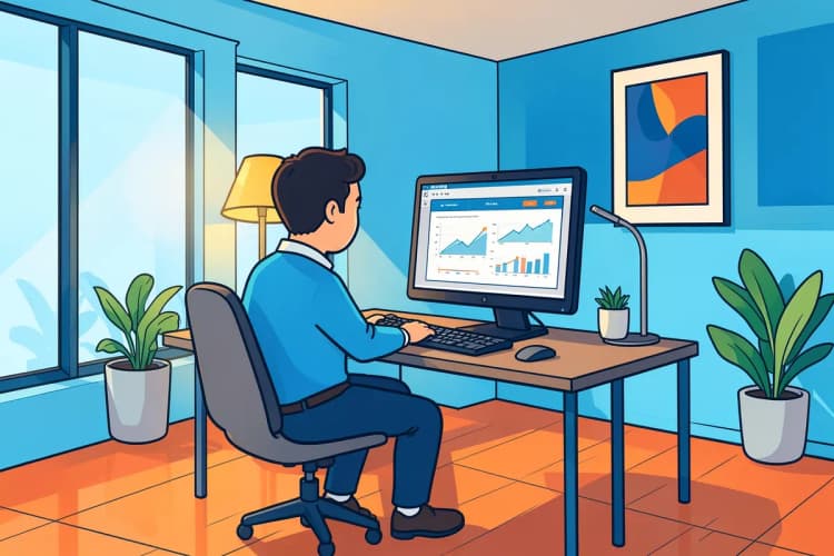 Profissional de marketing analisando dados em um computador em um escritório moderno.