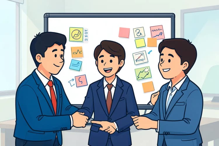 Pessoas colaborando em um quadro branco com ideias de crescimento.
