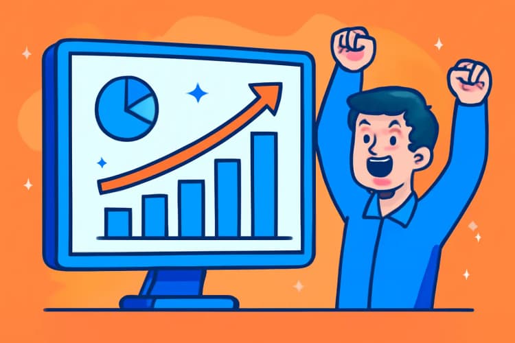Pessoa celebrando sucesso de campanha de tráfego pago com gráficos positivos