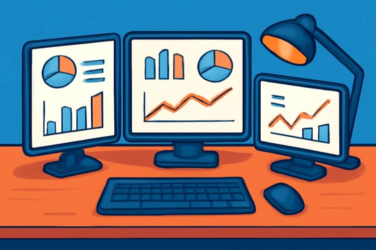 Gestor de tráfego pago analisando dados em múltiplos monitores em um escritório moderno