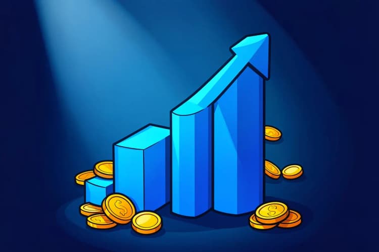 Gráfico de barras ascendente com moedas de ouro caindo ao redor, sobre um fundo azul escuro.