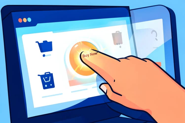 Pessoa clicando em um botão de "Comprar Agora" em uma tela de computador.