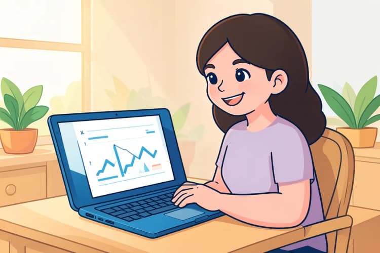 Jovem sorrindo enquanto olha para um laptop com gráficos simples na tela.