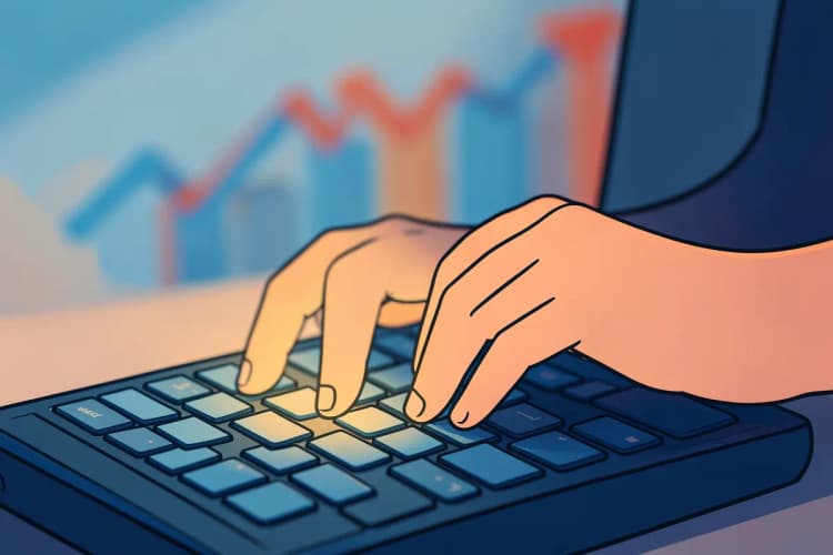 Mãos digitando em um teclado de computador com gráficos de crescimento ao fundo.