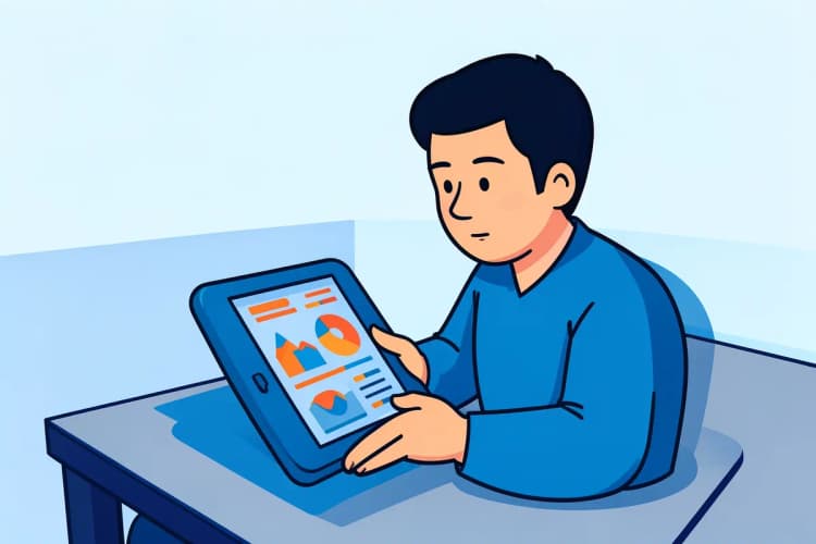 Profissional de marketing analisando dados em um tablet em um escritório moderno.