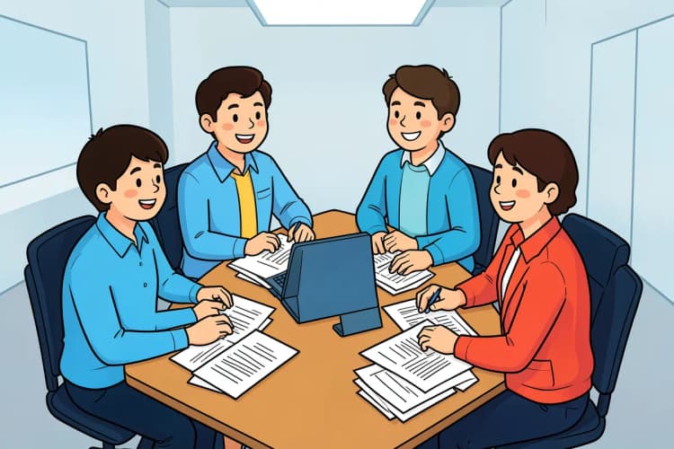 Um grupo de pessoas em uma sala de reunião discute ideias em torno de uma mesa com papéis e um laptop.