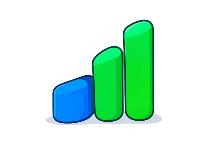 Um gráfico de barras ascendente simbolizando crescimento e sucesso em um fundo branco.