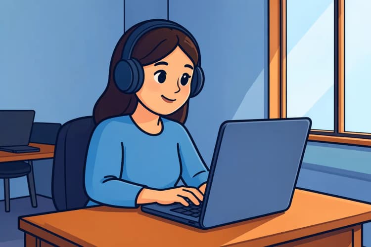 Um profissional de marketing digital cria conteúdo em um laptop em um espaço de coworking.