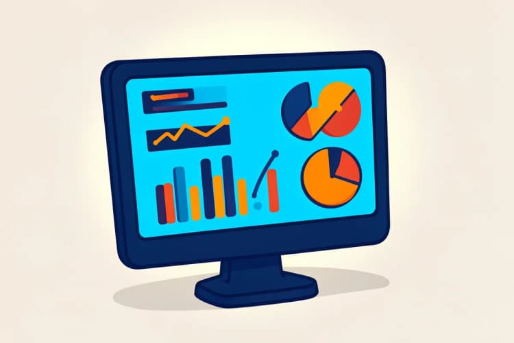 Um painel de controle de marketing digital com gráficos e métricas em uma tela de computador.