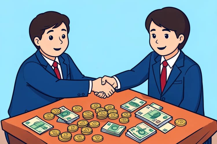 Duas pessoas apertando as mãos em cima de uma mesa com moedas e notas de dinheiro.