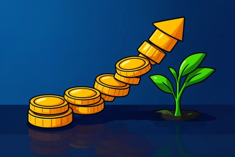 Gráfico de linha ascendente feito de moedas empilhadas, com uma planta crescendo ao lado.
