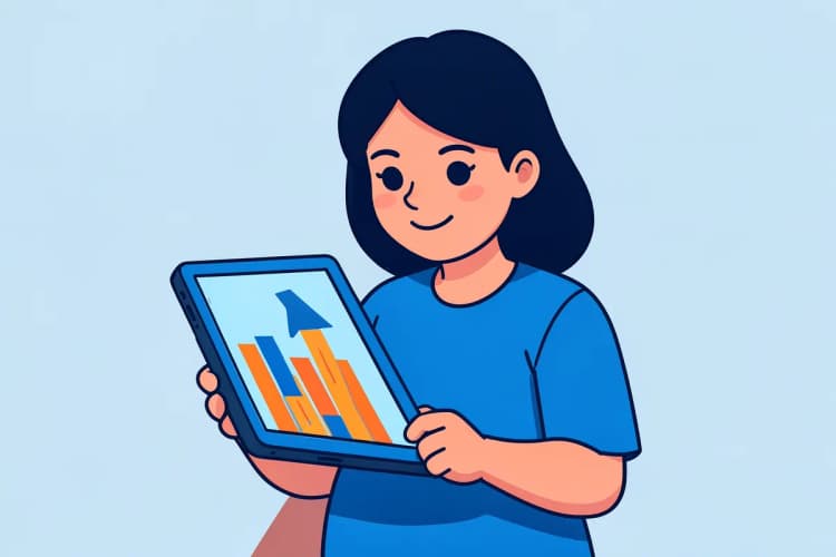 Mulher sorrindo enquanto olha para um gráfico de barras crescente em um tablet.