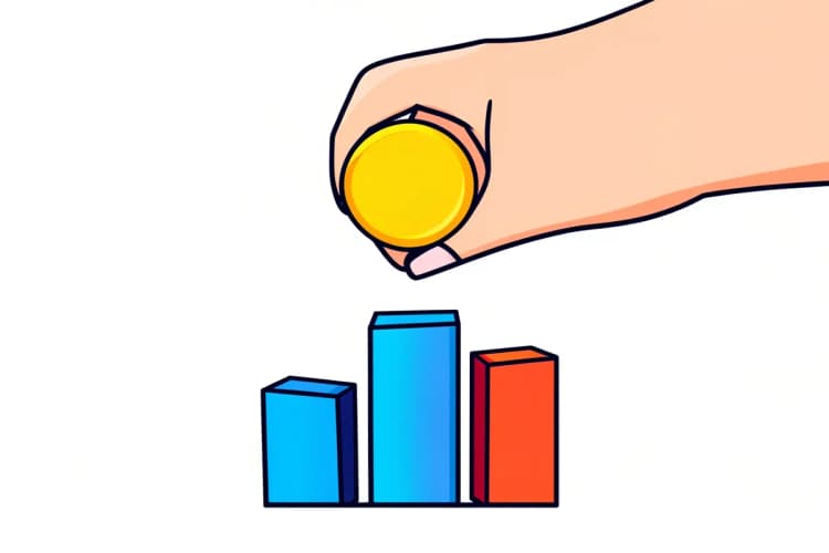 Mão de homem segurando uma moeda de ouro sobre um gráfico de barras abstrato feito de blocos coloridos.