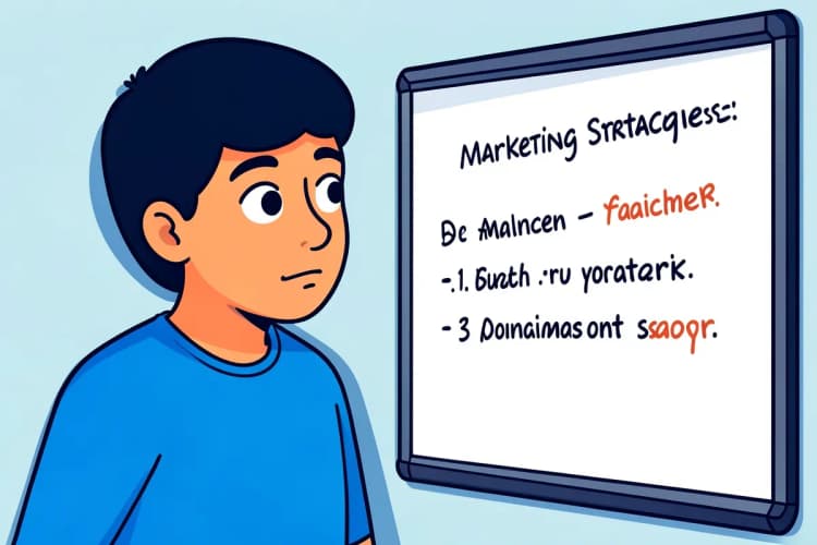 Pessoa pensativa olhando para um quadro com anotações sobre marketing.