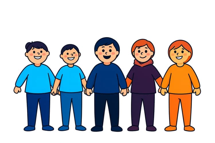 Cinco figuras humanas estilizadas em diferentes tamanhos, dispostas em uma linha crescente.
