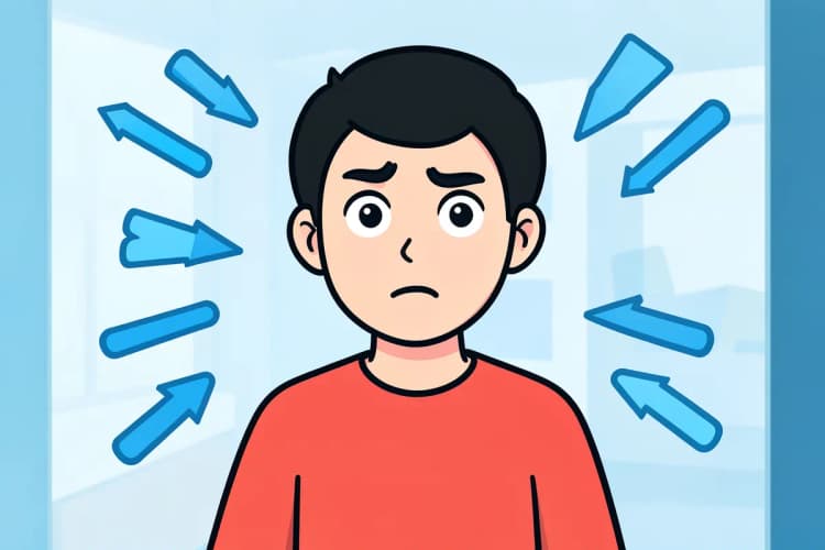 Uma pessoa com expressão confusa olhando para várias setas apontando em direções diferentes, representando decisões erradas de orçamento.