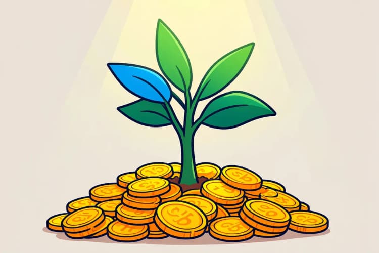 Uma planta crescendo a partir de um monte de moedas de ouro, simbolizando o crescimento financeiro através de boa alocação.